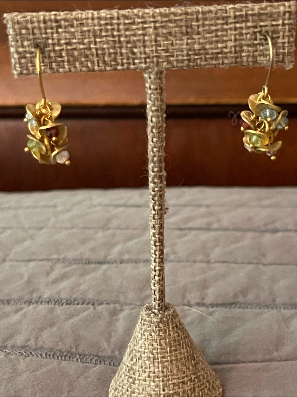 Gold Floral Cluster Drop Earrings with Multicolored Gem Accents